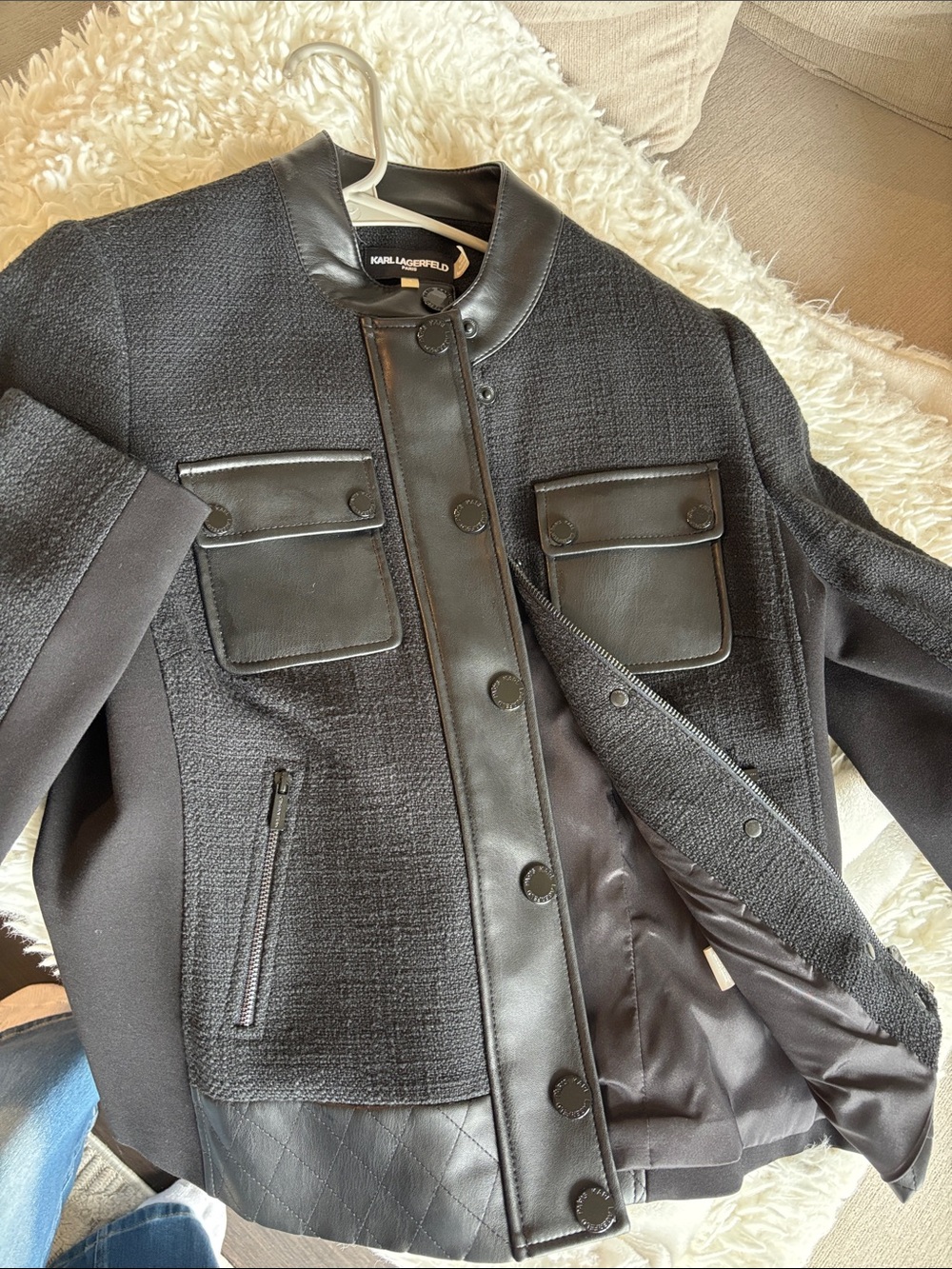 Karl Lagerfeld Black Mixed-Texture Bomber Jacket